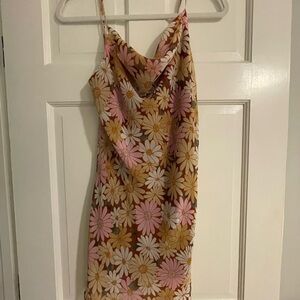 Altar'd State Pink, Brown & White Floral Cowl Slip Dress